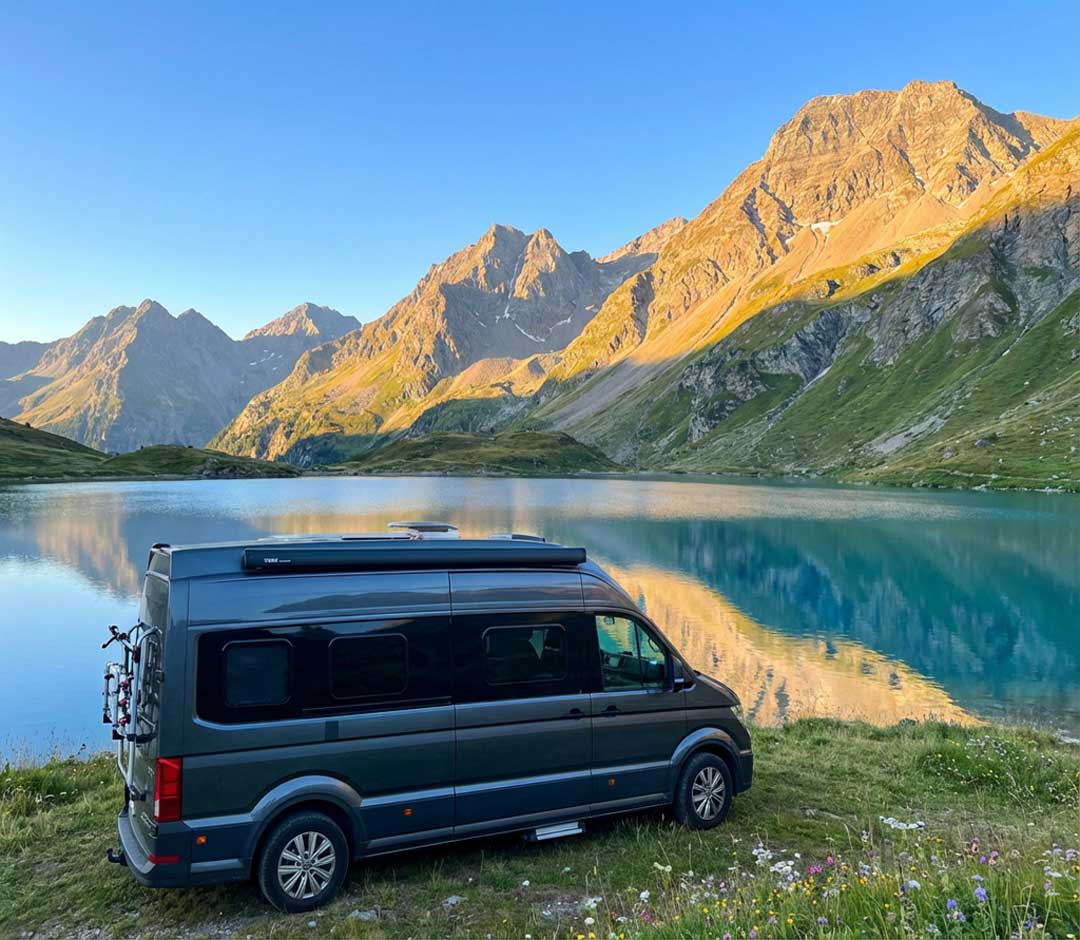 Camper in Urlaubslandschaft, KI-generiert