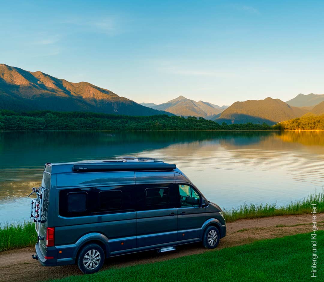 Camper in Urlaubslandschaft, KI-generiert